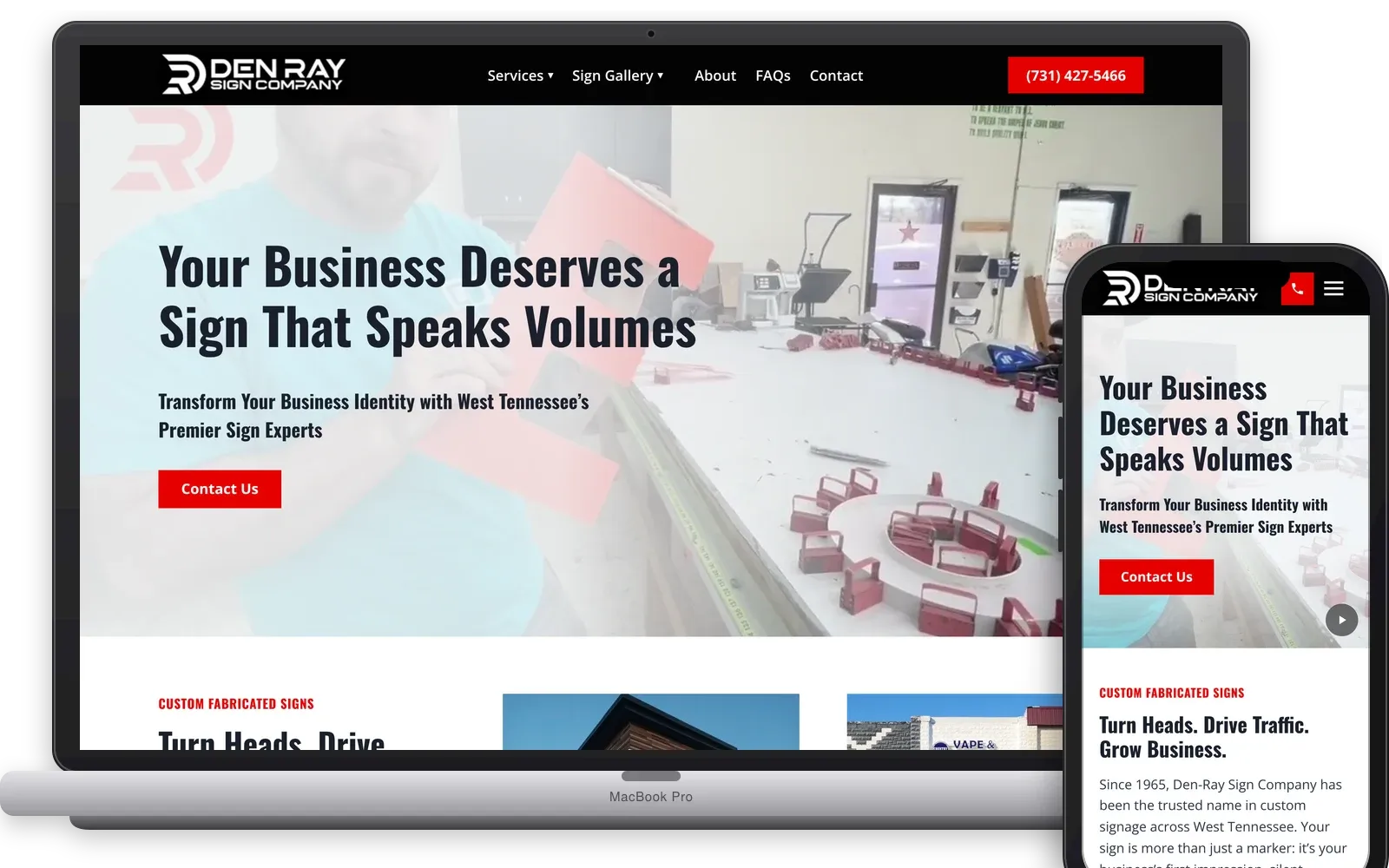 Den Ray Sign Company website shown on a laptop and phone