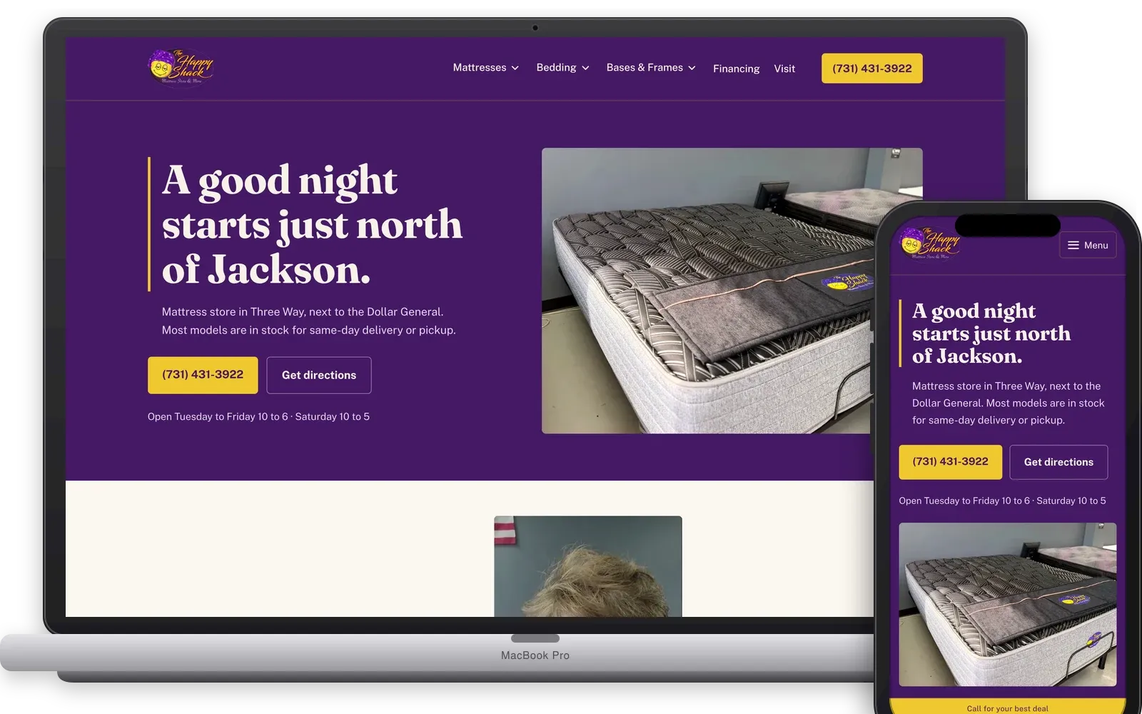 Happy Shack Mattress Store website shown on a laptop and phone