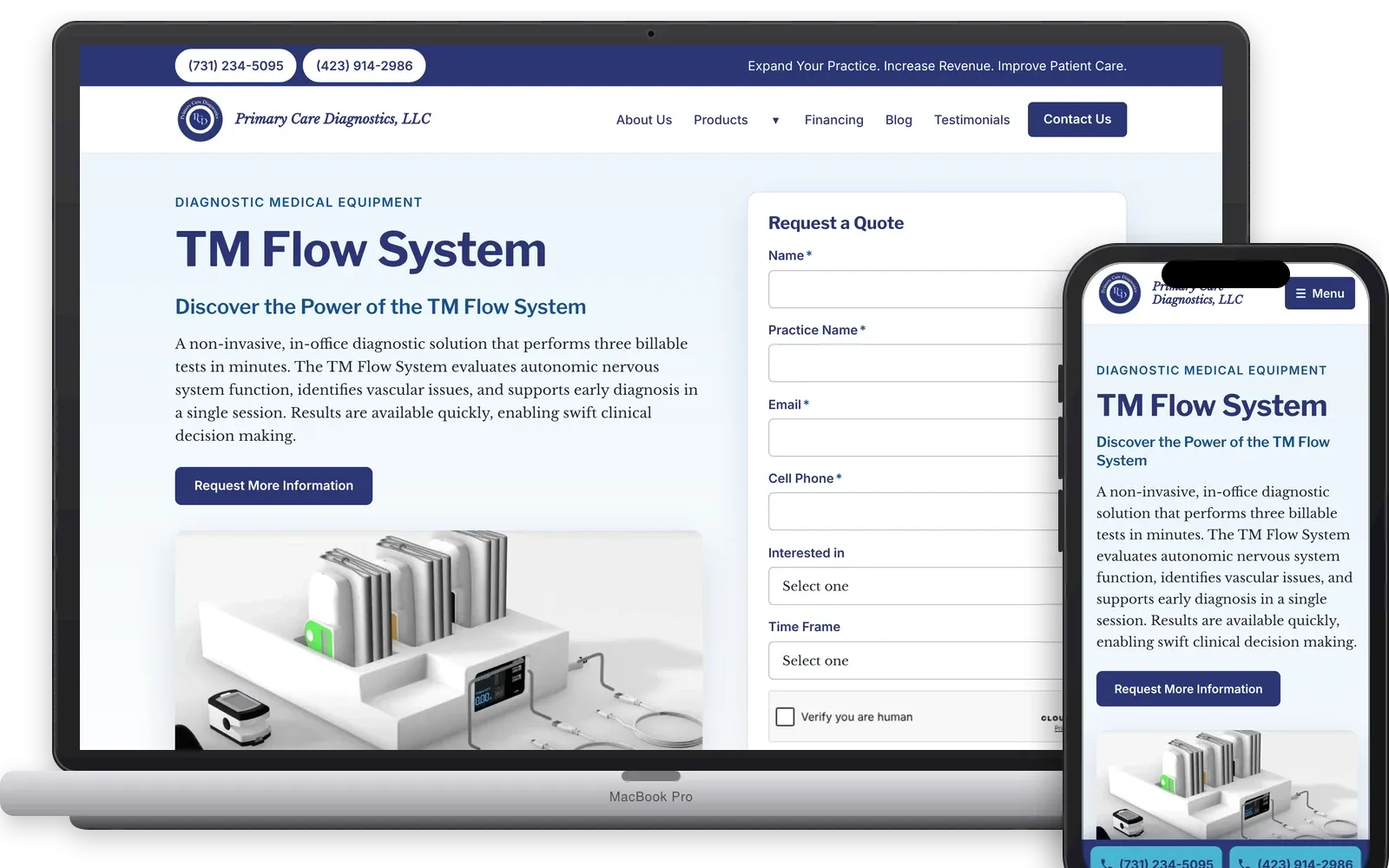Primary Care Diagnostics website shown on a laptop and phone