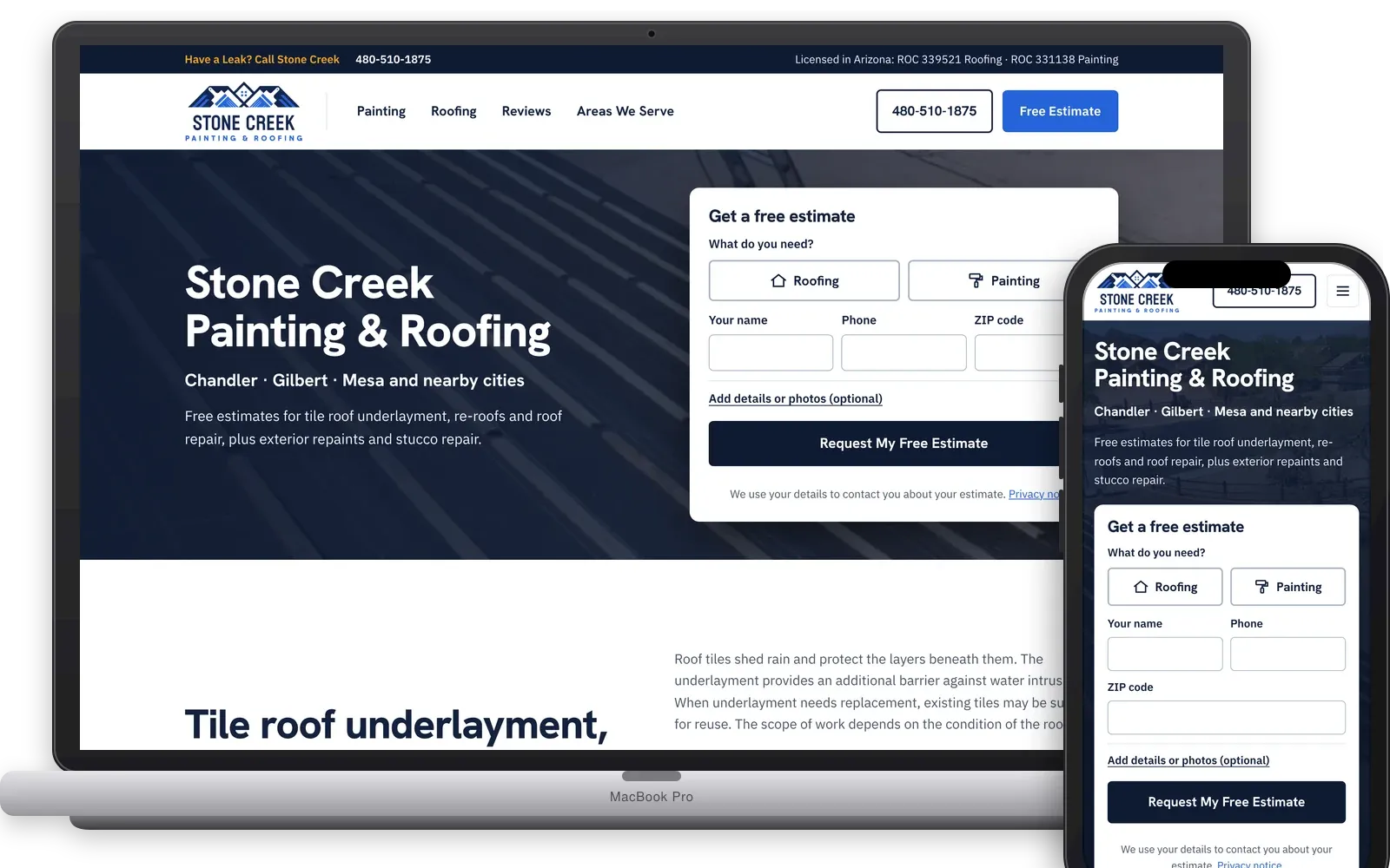 Stone Creek Painting & Roofing website shown on a laptop and phone
