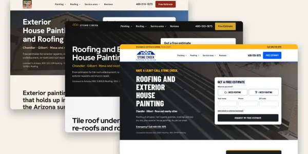 Three homepage design concepts for the same business, in different colors and layouts, stacked side by side