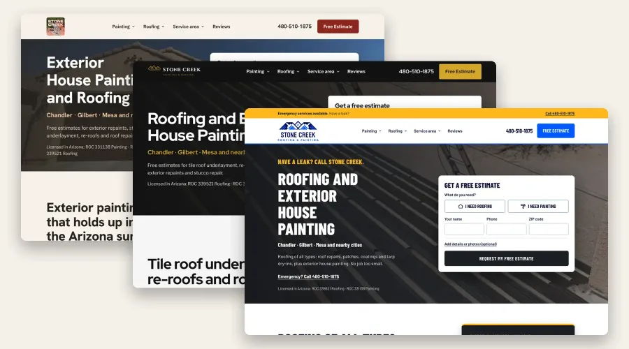 Three homepage design concepts for the same business, in different colors and layouts, stacked side by side