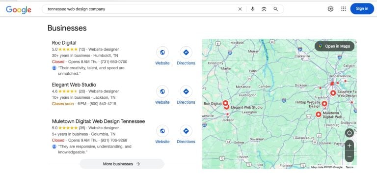 Local SEO example for web design company in Tennessee